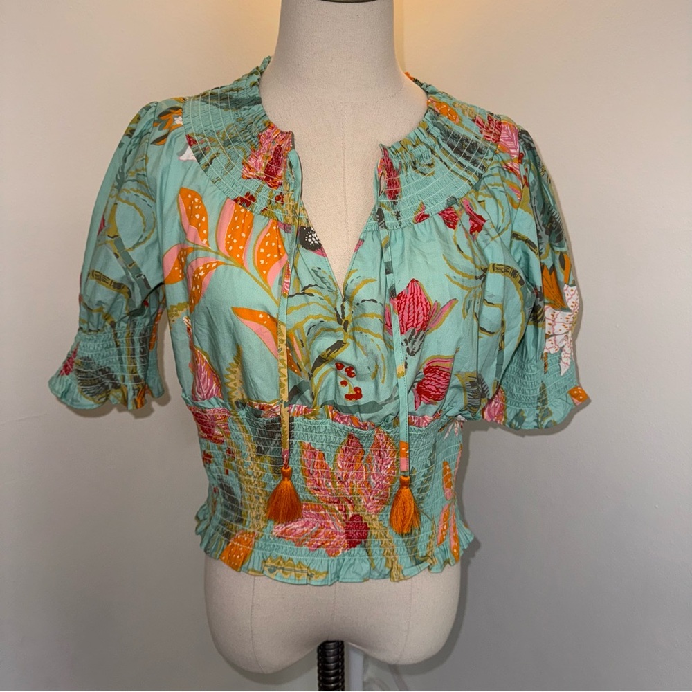Spartina 449 Mint Green Floral Smocked Peasant Top with Orange Accents